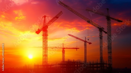 Fototapeta Naklejka Na Ścianę i Meble -  A construction site with cranes and a sunset in the background