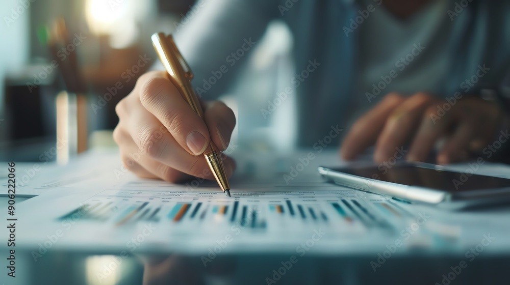 Close-up of a person analyzing financial graphs and charts with a pen and smartphone. Business analysis, data review, and market trends. Close-up of a person analyzing financial graphs and charts with a pen and smartphone. Business analysis, data review, and market trends.