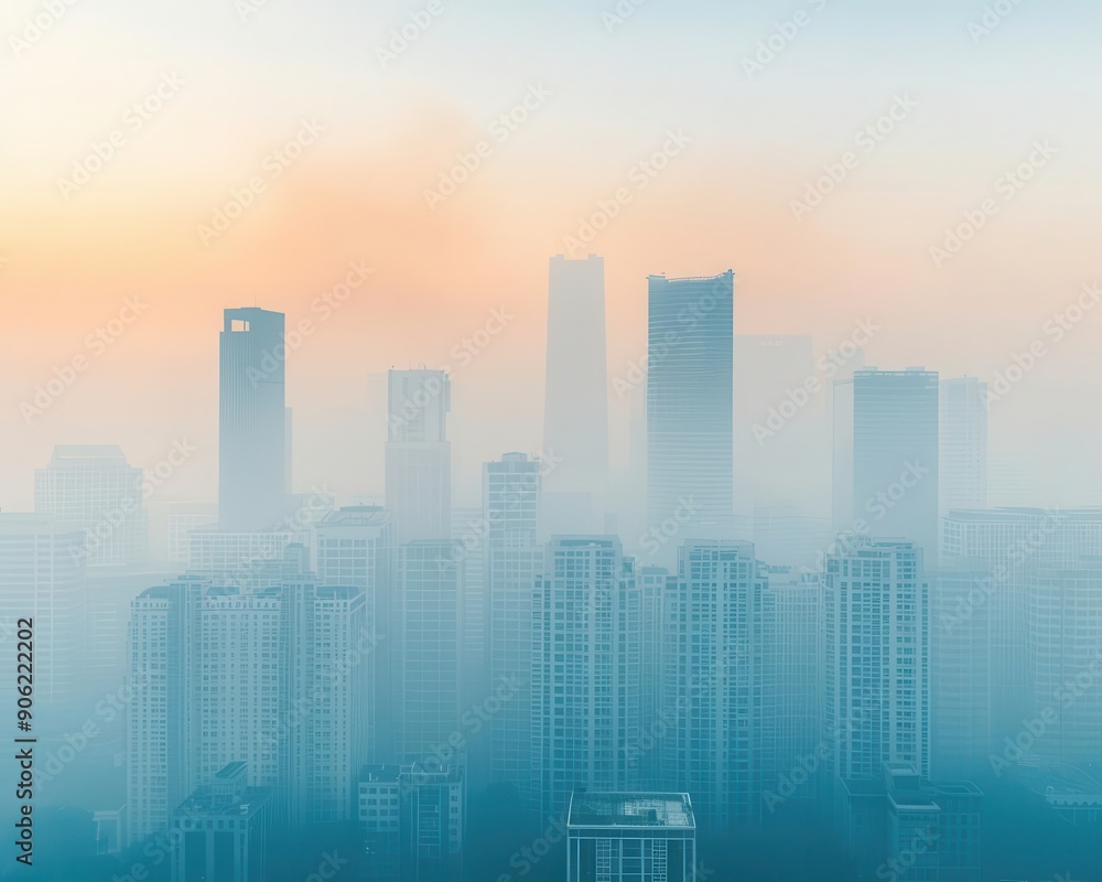 Naklejka premium Urban skyline shrouded in heat haze and pollution, highlighting the climate emergency and the impact of a heat wave.