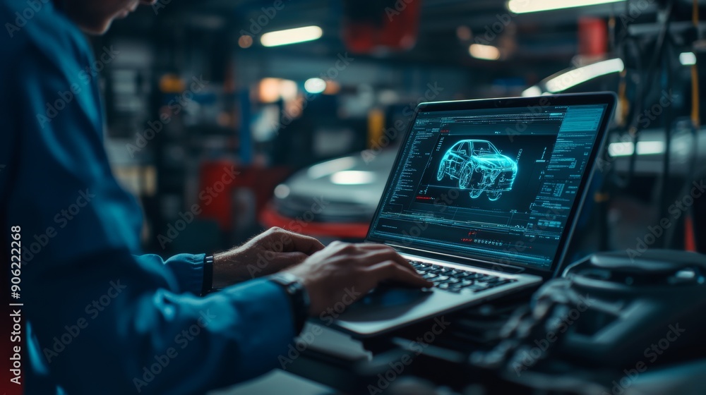 A man is working on a laptop in a garage A man is working on a laptop in a garage