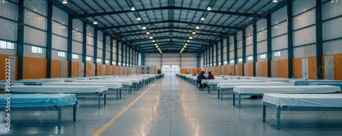Community cooling center with people escaping heat, climate adaptation, heat wave relief