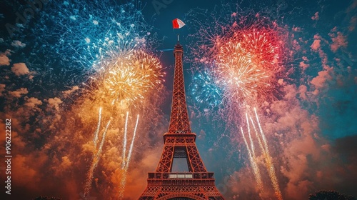 A night scene of Paris with fireworks over the Eiffel Tower photo