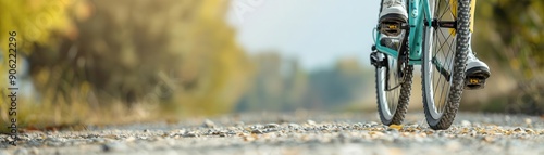 Close-up of a cyclist riding on a gravel road, with the background blurred to emphasize motion and speed.