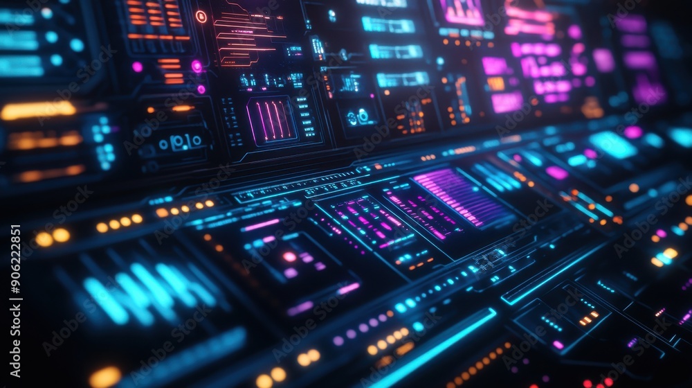 Obraz premium Close-up of an AI control panel with neon light accents, showcasing the interface and complexity of artificial intelligence systems in a high-tech, dimly lit control room 