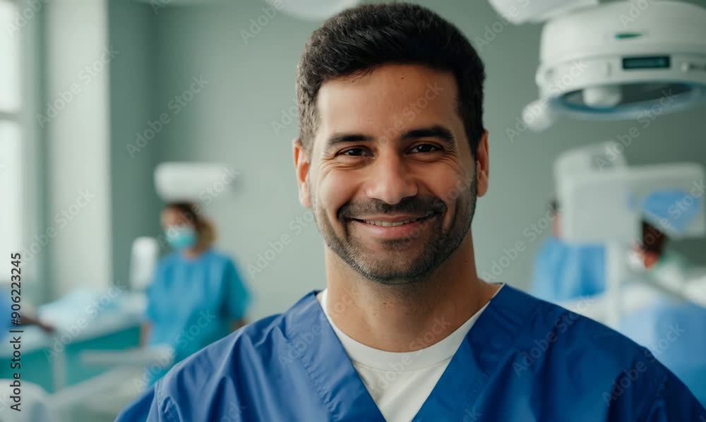 Portrait of a smiling male surgeon standing in operating room at hospital Portrait of a smiling male surgeon standing in operating room at hospital