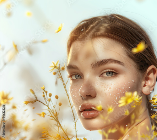 Gorgeous Model Featuring Dewy Glowing Skin in a Minimalist Setting with Floating St. John's Wort Extracts for Skin Care Ad photo