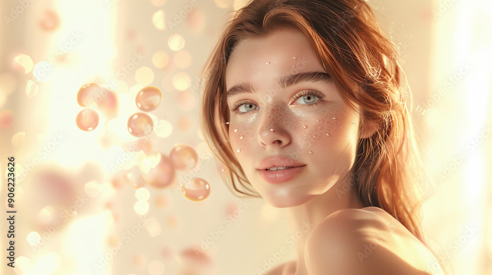 Radiant Model with Soft Dewy Skin and Floating Creatine Extracts Set Against a Clean Minimalist Background Radiant Model with Soft Dewy Skin and Floating Creatine Extracts Set Against a Clean Minimalist Background