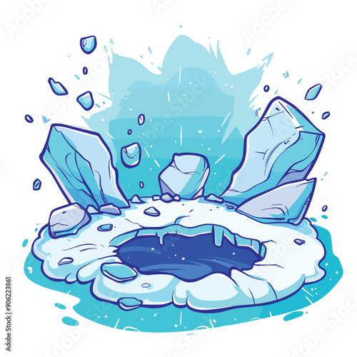 Cartoon style blue white icy explosion. Large icicles small ice shards flying outward icy blast center. Dynamic ice burst against light blue splatter background