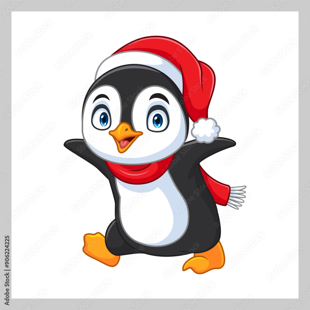 Fototapeta premium Cartoon penguin wearing hat and scarf