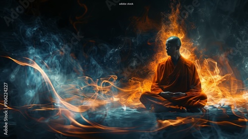 A serene monk practices meditation surrounded by swirling flames and colorful smoke