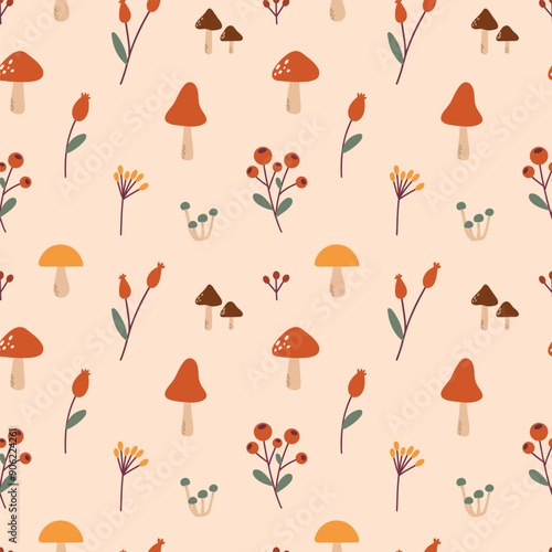 Simple vector pattern with different autumn berries, pumpkins, mushrooms in beautiful fall colors. Hand drawn cute and cozy design elements. Fall, Thanksgiving Day, Autumn season.
