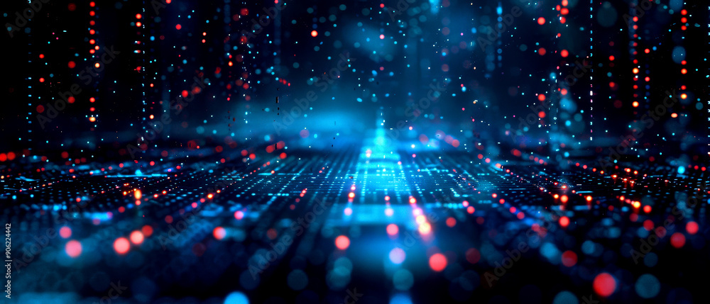 Fototapeta premium A futuristic digital landscape with vibrant blue and red lights, representing advanced technology and data flow.