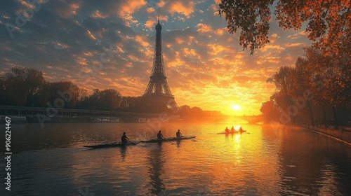 A serene morning view of the Eiffel Tower with rowers on the Seine River