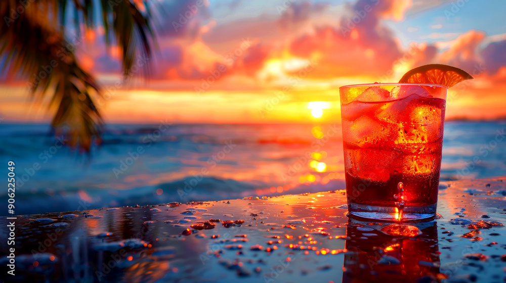 A vibrant sunset view with a refreshing drink in focus, capturing the essence of relaxation and summer vibes by the beach. A vibrant sunset view with a refreshing drink in focus, capturing the essence of relaxation and summer vibes by the beach.