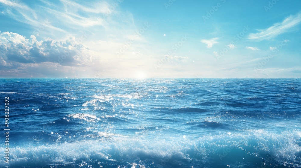 The ocean is calm and clear, with a bright blue sky above The ocean is calm and clear, with a bright blue sky above