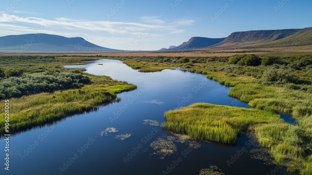 A river with a green grassy bank A river with a green grassy bank