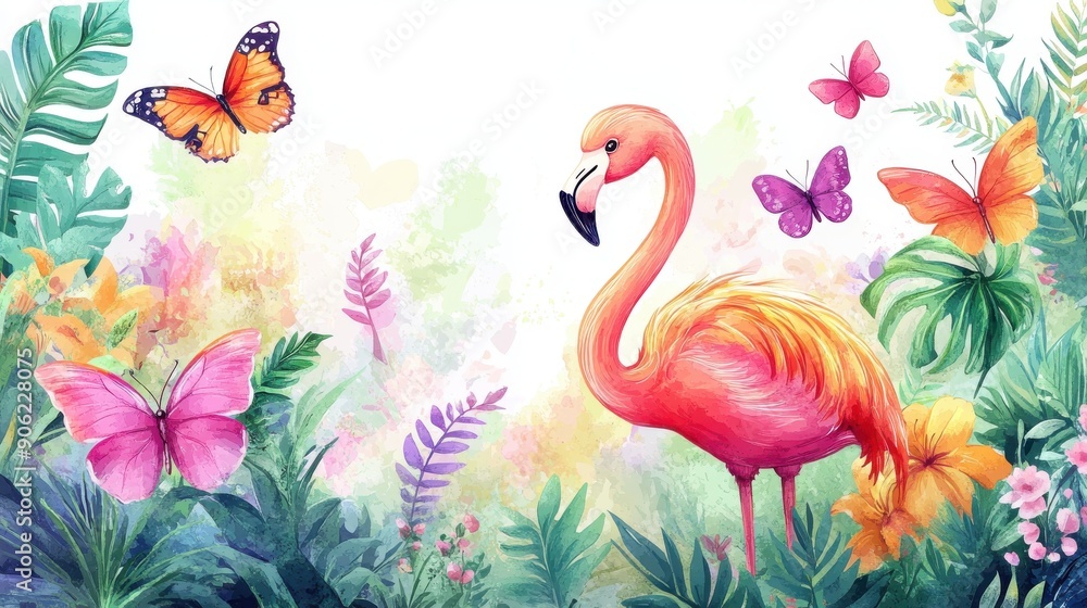 A vibrant flamingo surrounded by colorful butterflies and lush foliage, perfect for nature and wildlife themes. A vibrant flamingo surrounded by colorful butterflies and lush foliage, perfect for nature and wildlife themes.