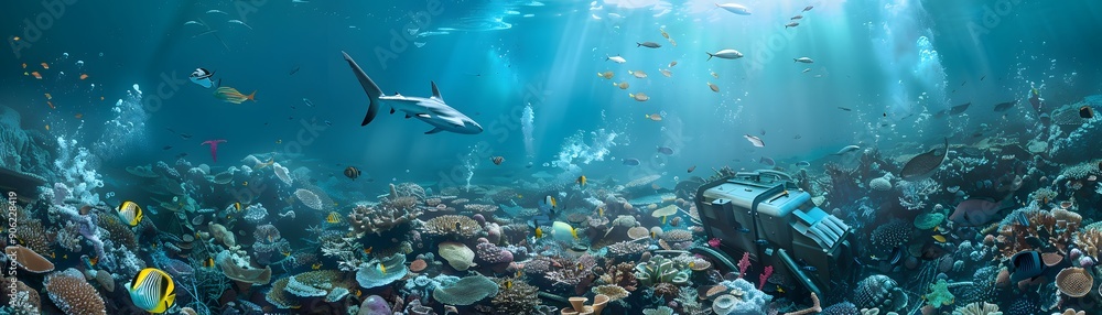 Obraz premium Vibrant underwater scene featuring diverse marine life, coral reefs, and a shark swimming in clear blue waters, illuminated by sunlight.