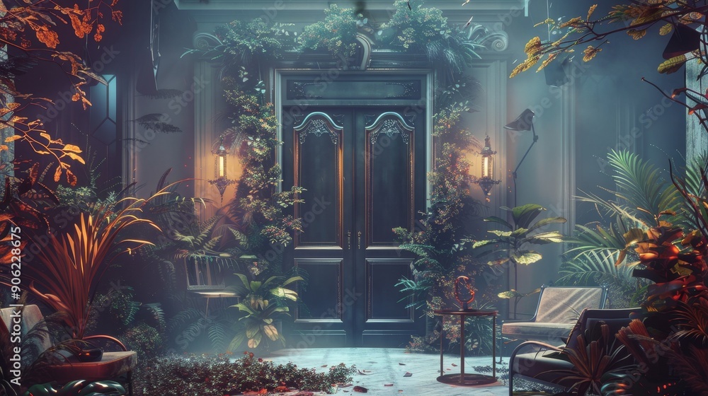 A Mysterious Doorway Surrounded by Lush Greenery and Glowing Lig A Mysterious Doorway Surrounded by Lush Greenery and Glowing Lig