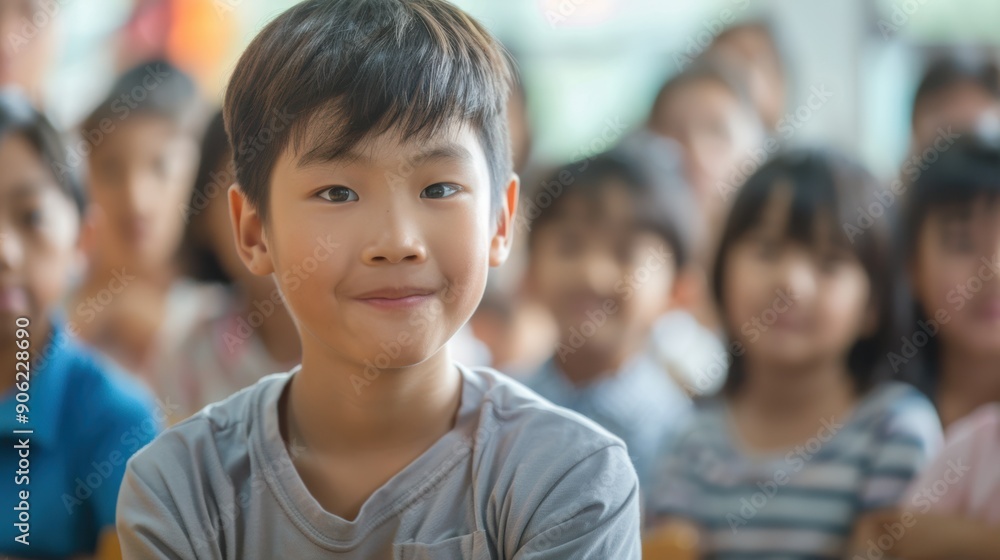 A happy young boy engages with his classmates during a lively classroom session A happy young boy engages with his classmates during a lively classroom session