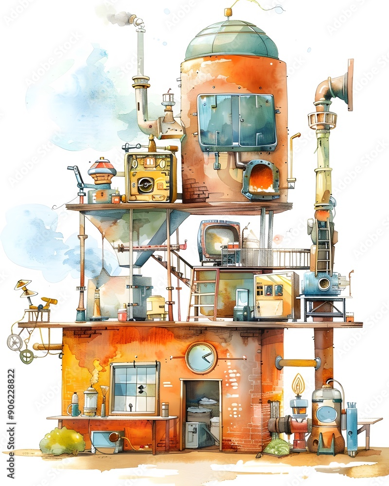 Fototapeta premium Whimsical steampunk-inspired illustrated factory with intricate machinery, vibrant colors, and imaginative architectural details.