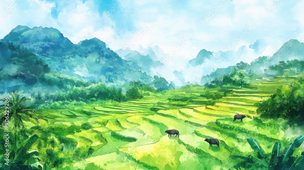 Lush green rice terraces with grazing cows under a bright blue sky, showcasing serene agricultural beauty and nature. Lush green rice terraces with grazing cows under a bright blue sky, showcasing serene agricultural beauty and nature.