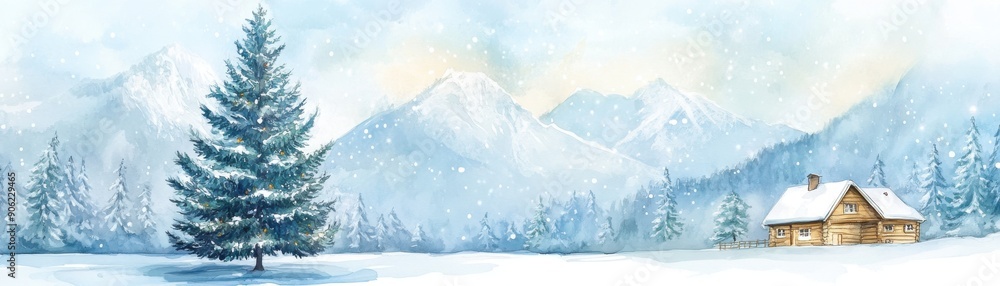 Serene winter landscape with snow-covered mountains, a cozy cabin, and a lush evergreen tree under a soft blue sky. Serene winter landscape with snow-covered mountains, a cozy cabin, and a lush evergreen tree under a soft blue sky.