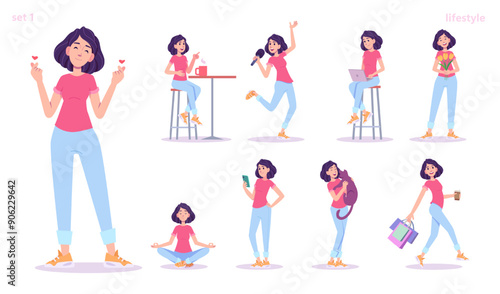 Young charming female or women in casual clothes, action and poses set. Modern flat style