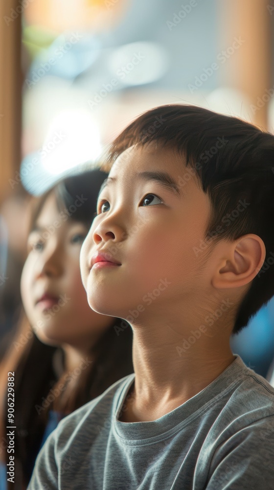 Two children focus intently on a presentation in a bright classroom environment Two children focus intently on a presentation in a bright classroom environment