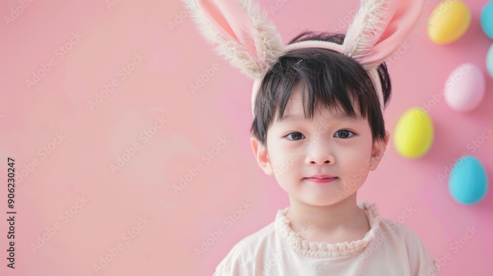 A child joyfully wears bunny ears surrounded by pastel-colored Easter eggs against a soft pink backdrop A child joyfully wears bunny ears surrounded by pastel-colored Easter eggs against a soft pink backdrop