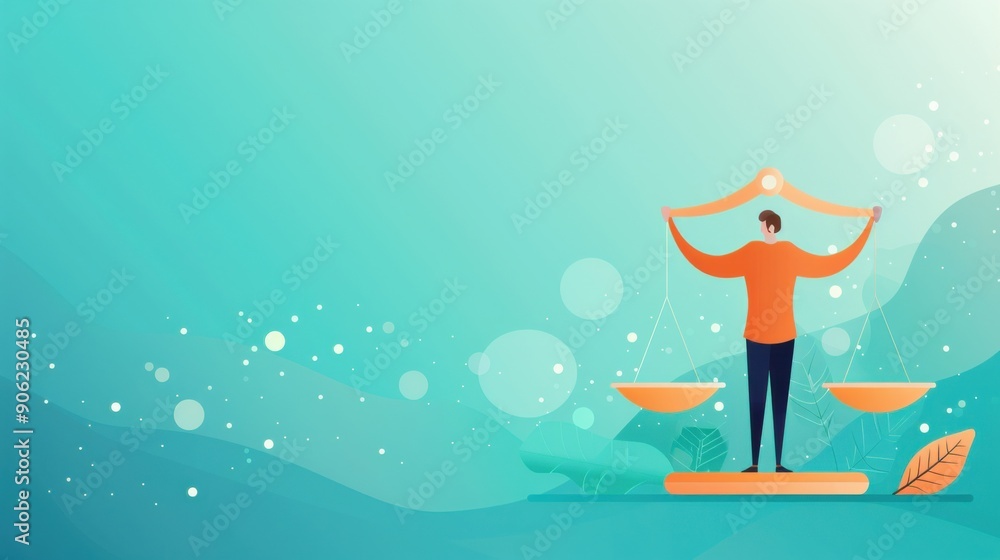 Judicious reasoning, person weighing options with a balanced scale, flat design illustration Judicious reasoning, person weighing options with a balanced scale, flat design illustration