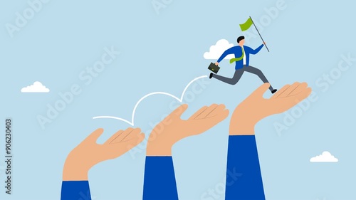 mentorship to assist employee to success, 4k animation of businessman jumps up growth ladder of giant hand to move towards goal.