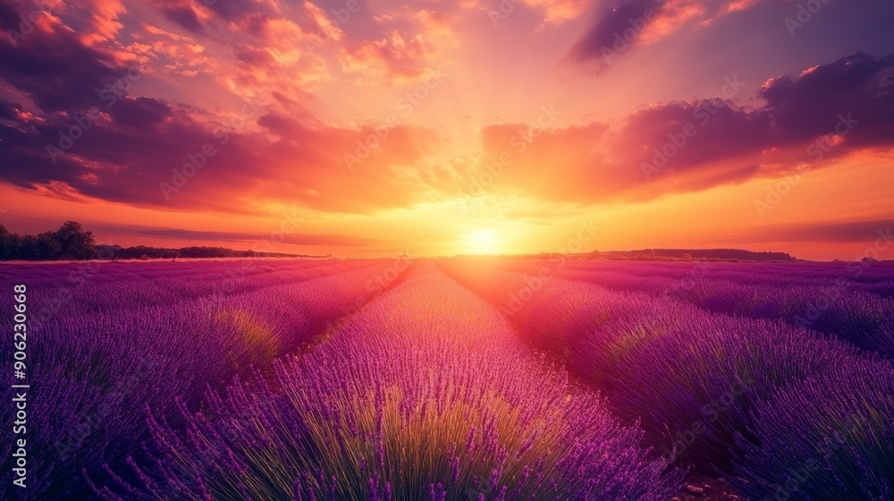 A field of lavender with a beautiful sunset in the background A field of lavender with a beautiful sunset in the background