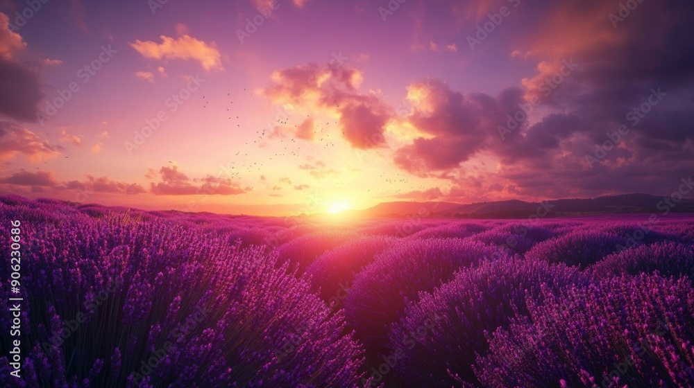 A field of lavender with a beautiful sunset in the background A field of lavender with a beautiful sunset in the background