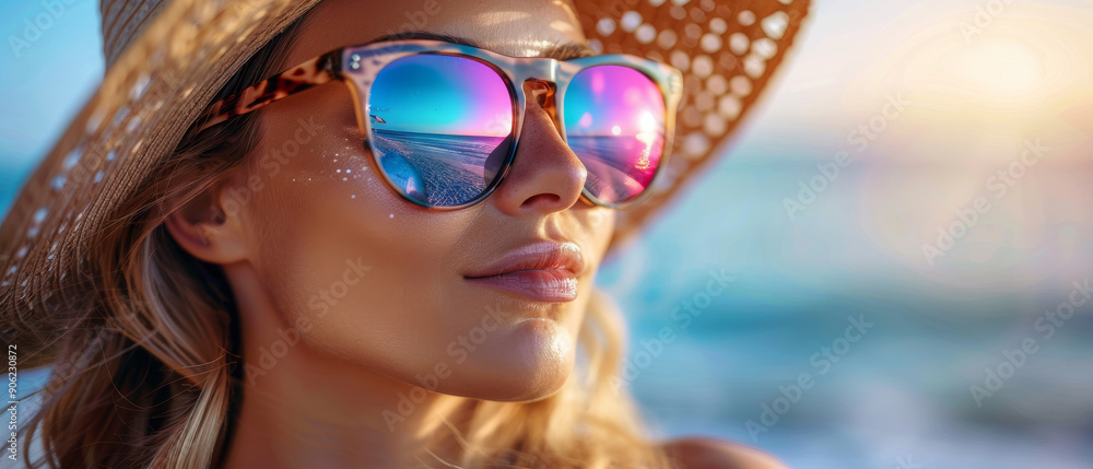 A woman in a large hat and sunglasses gazes calmly at the ocean with a beautiful sunset glow A woman in a large hat and sunglasses gazes calmly at the ocean with a beautiful sunset glow