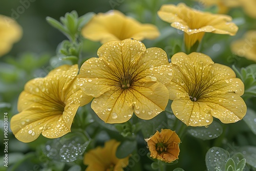 Yellow Petunias with Dew Drops - Nature Photography for Home Decor, Posters, and Cards photo