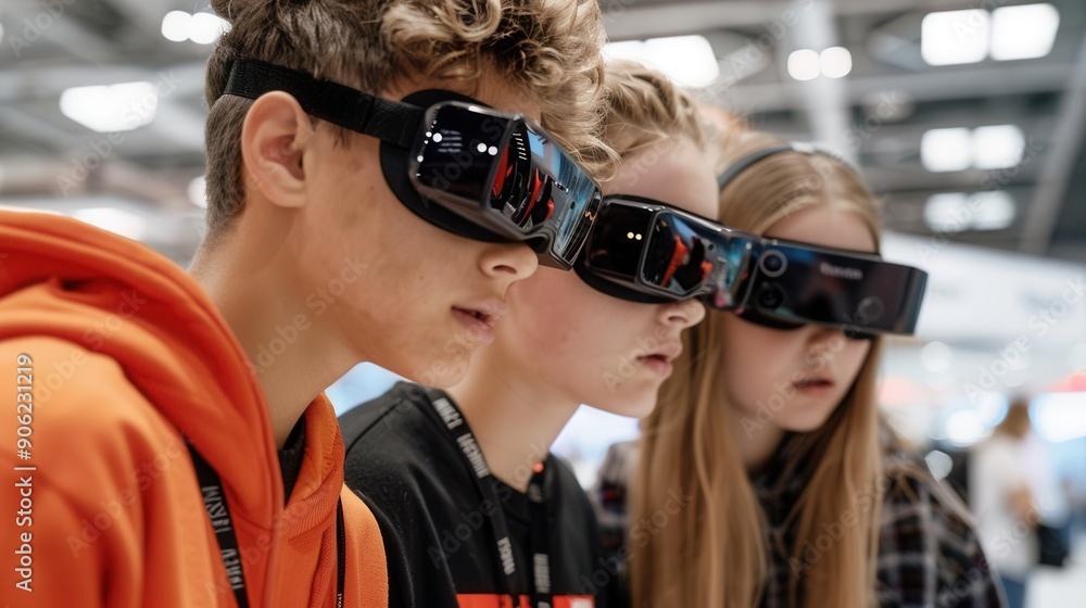 A Gen Z group exploring new technologies at a tech convention or expo A Gen Z group exploring new technologies at a tech convention or expo