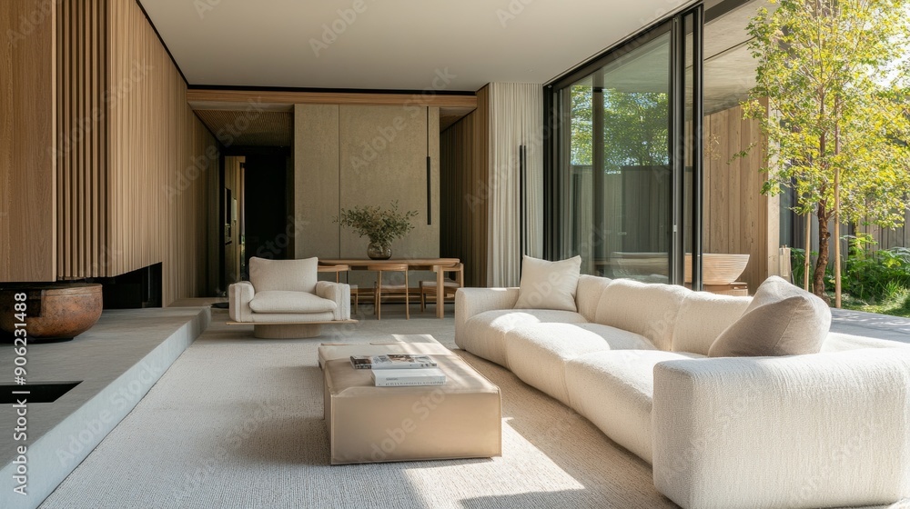 Fototapeta premium A living room with a white couch and a coffee table