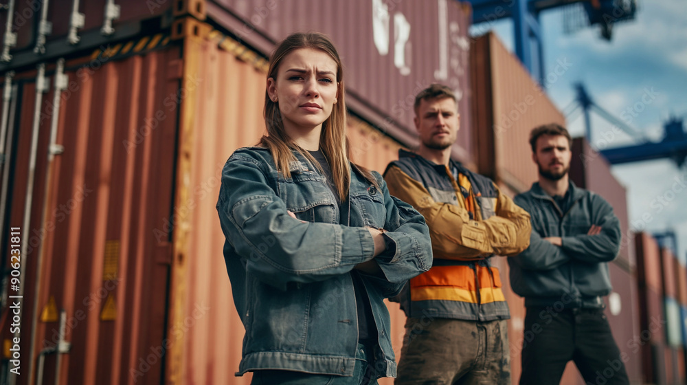 The trustworthy expressions of men and women working at a container loading dock at a port doing export and import business. Generative AI
