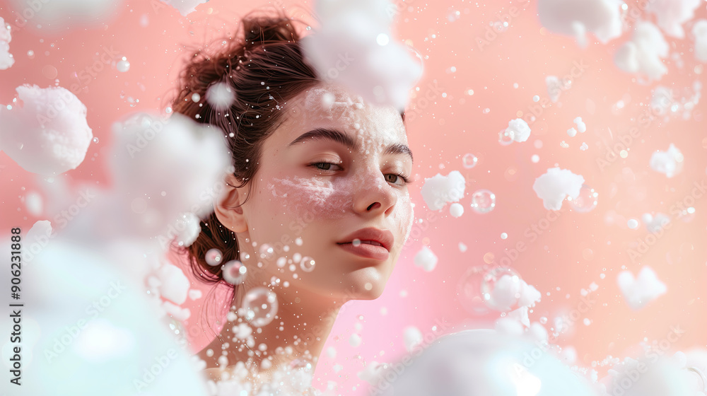 Beautiful Woman with Dewy Glowing Skin and Floating Calcium Extracts on Clean Soft Background in Minimalist Style Beautiful Woman with Dewy Glowing Skin and Floating Calcium Extracts on Clean Soft Background in Minimalist Style
