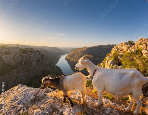 Goat and kids at Cheddar Gorge, with the guadiana river behind photo