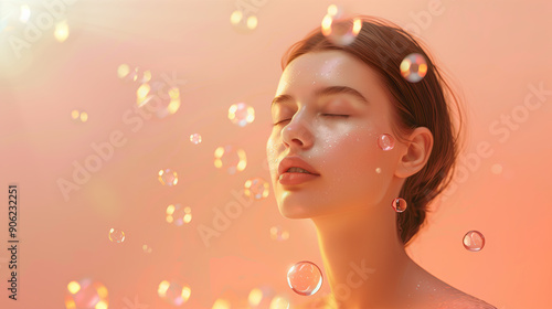 Elegant Model with Dewy Skin and Floating Selenium Extracts on a Clean White Minimalist Background photo