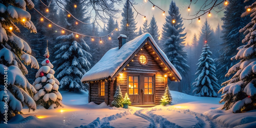 Enchanted Christmas Cabin Snowy Forest Wonderland with Festive Lights Generative By AI Enchanted Christmas Cabin Snowy Forest Wonderland with Festive Lights Generative By AI
