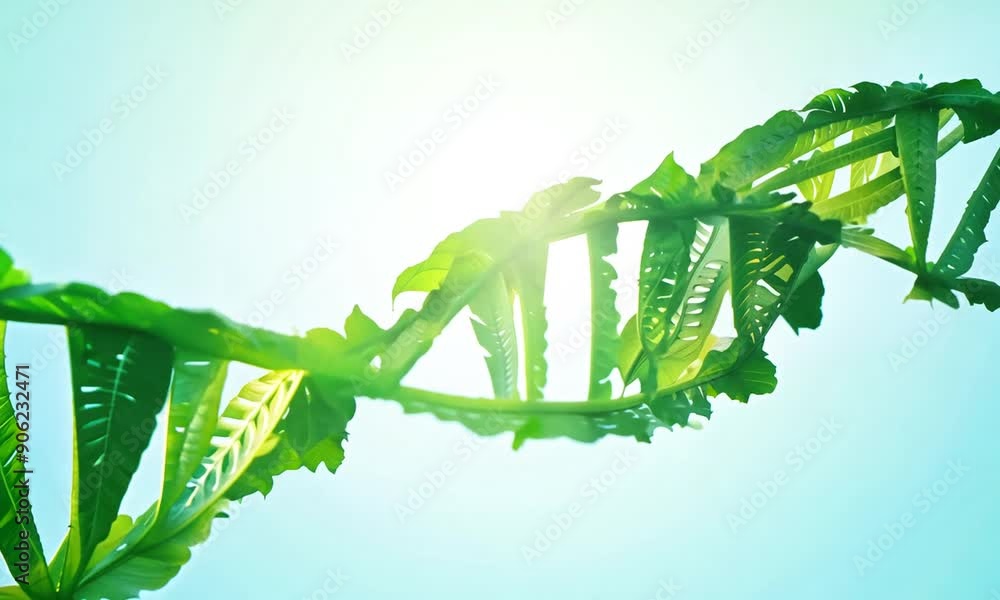 Green DNA double helix structure composed of leaves on a light blue ...