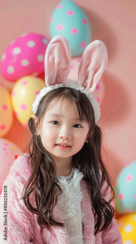 A cheerful child in bunny ears stands in front of pastel-colored Easter eggs A cheerful child in bunny ears stands in front of pastel-colored Easter eggs