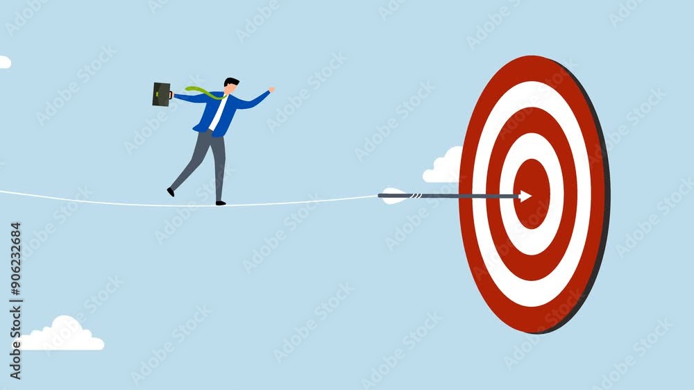 Challenge to overcome difficulty and achieve business target, 4k animation of businessman acrobat walk on rope to reach bullseye dart target. Challenge to overcome difficulty and achieve business target, 4k animation of businessman acrobat walk on rope to reach bullseye dart target.