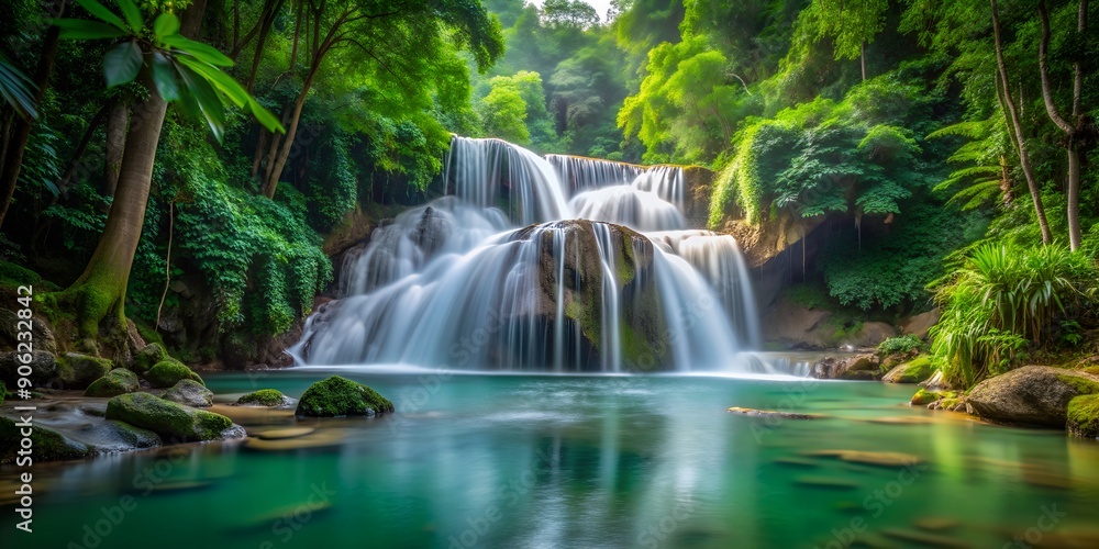 Fototapeta premium Tropical Forest Waterfall long exposure Generative By AI