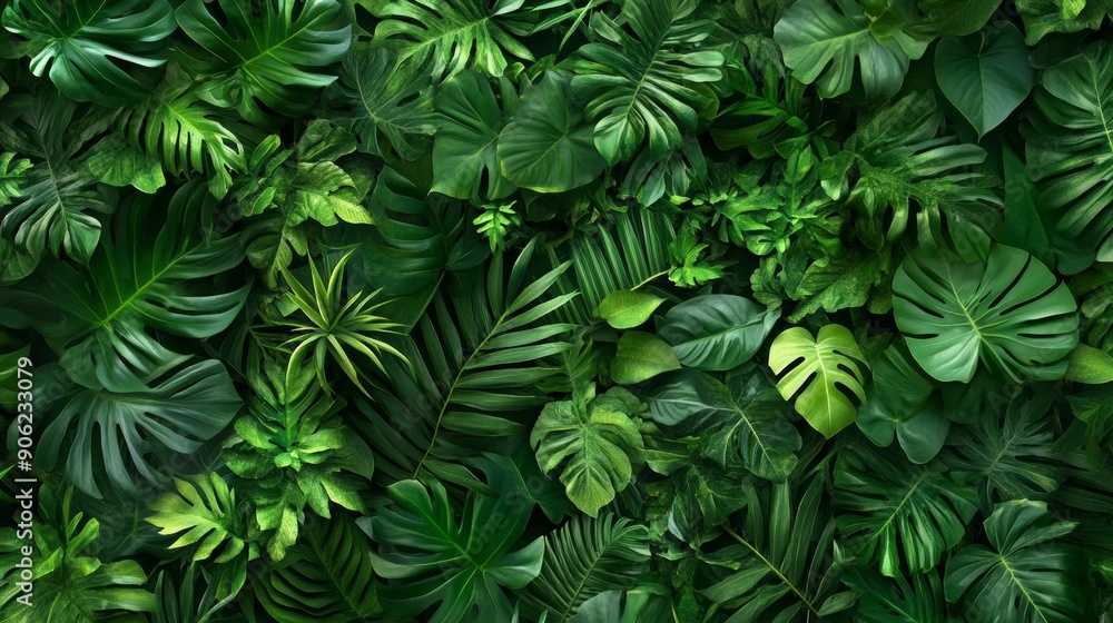 A lush green jungle with many leaves and vines A lush green jungle with many leaves and vines