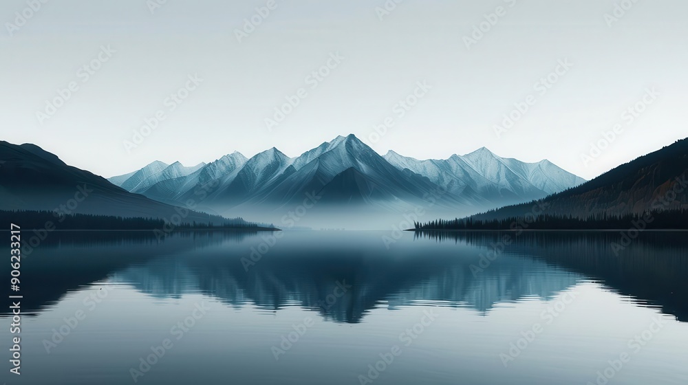 A surreal and symmetrical landscape featuring an abstract image of a mountain mirrored in tranquil waters. A surreal and symmetrical landscape featuring an abstract image of a mountain mirrored in tranquil waters.