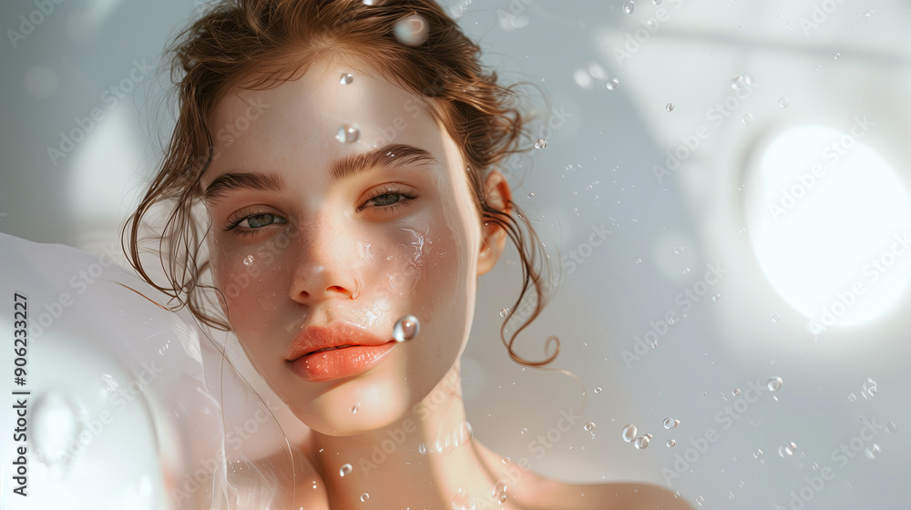 Beautiful Model with Dewy Glowing Skin Surrounded by Floating Probiotics on a Minimalist Clean Background for Skincare Advertising and Health Promotion Beautiful Model with Dewy Glowing Skin Surrounded by Floating Probiotics on a Minimalist Clean Background for Skincare Advertising and Health Promotion